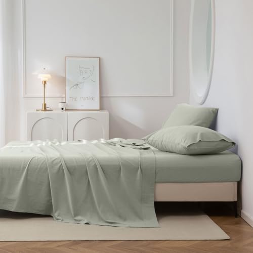 JIYUAN Twin Size Sheet Set, 3-Piece - 100% Washed Cotton, Linen-Like Soft & Breathable, Includes Deep Pocket Fitted & Flat Sheet with 1 Pillowcases, Hotel Quality, Heathered Sage Green — view 5