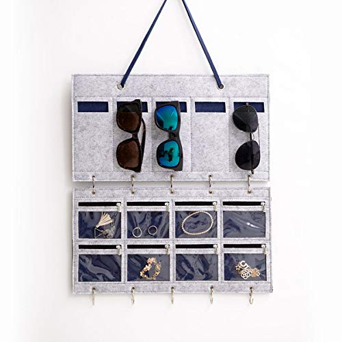 BOKENTO Sonnenbrillen-Organizer, abnehmbarer, hängender Brillenhalter, Wandtasche, Brillenhalter, 15 Filz-Schlitze mit Haken für Schlüssel (grau)