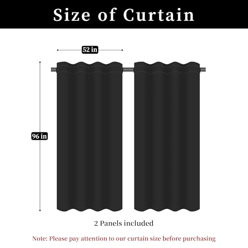 Loom and Mill Luxury Black Damask Curtains for Bedroom, Textured Lined Jacquard Curtains 2 Panels with Tiebacks, Window Curtain for Living Room Banquet Halloween Decor, Rod Pocket(52”x 96”, 2 Panels)