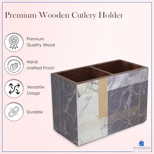 Image of Wooden Cutlery Holder | Cutlery Stand- Marble Design Spoon Stand, cutlery holder for dining table, cutlery stand for dining table(10x16x12 cm) | 2-Section cutlery organizer, Chammach Stand