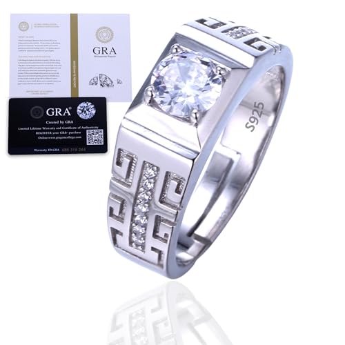 Halukakah Herren Diamantring aus Sterlingsilber mit 1 Karat Moissanitstein und Zertifikat,2,0ct Luxusschmuck,Verstellbare,Zeitloses Geschenk für Geburtstag,Jahrestag,Hochzeit - Königliche Symphonie
