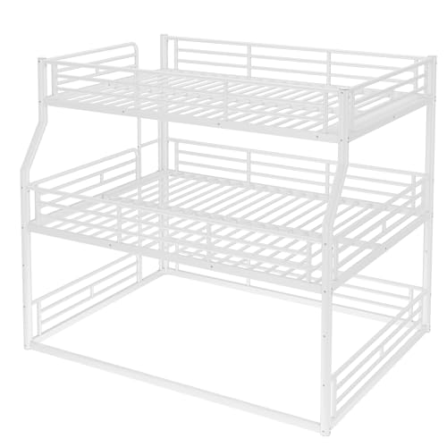 Image of Full Over Queen Over Queen Bunk Bed with Safety Guardrails, Modern Metal Triple Bed Frame for Kids, No Box Spring Required, White