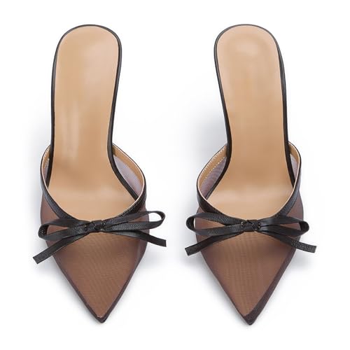 FIFSY Mesh High Heels Mules for Women Pointed Toe Slip on Backless Pumps Stiletto Slingback Bow Heels Vintage Sexy Pointy Closed Toe Heels Wedding Shoes3