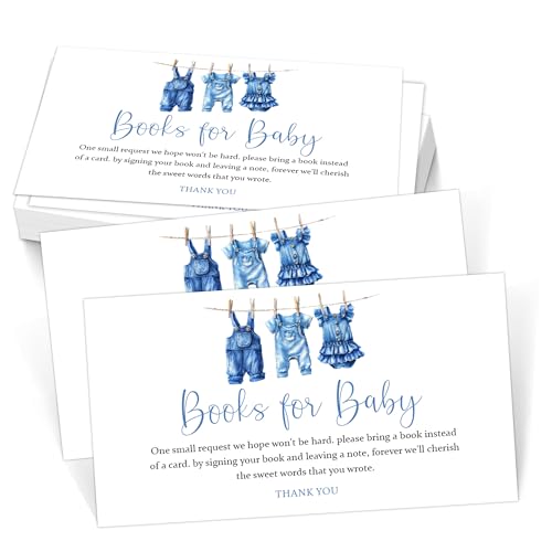 Book for Baby Cards Set of 50, Cute Blue Jean Denim Clothes Pattern Baby Shower Library Request Cards for Boys or Girls, Bring a Book Instead of a Card, 3.5 x 2 Inches