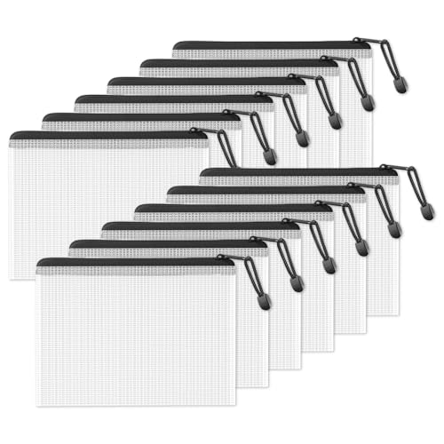 Image of SUNEE Plastic Mesh Zipper Pouch 6.8x9.2 in (Black, 12 Packs),Extra Large Water-Resistant Zip Bag for School Office Supplies, Puzzles & Games Organizing Storage