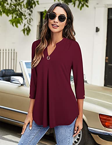 Valolia Womens V-Neck 3/4 Sleeve Tunic Blouse, Elegant Pleated Work Top, Dark Red X-Large #TOP1