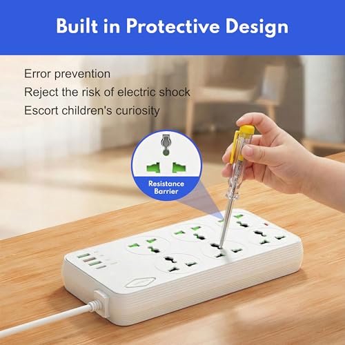 Image of Heavy Duty Multi Plug Extension Board with USB & Type-C, Spike Guard | Individual Switches, 2m Long Wire, Universal Smart Power Extension Cord for Home Office Washing Machine & Heavy Load (White)