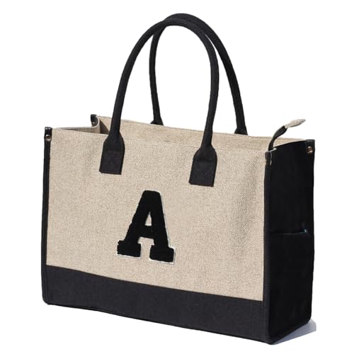 ESVAN Sacola de lona personalizada para presentes de linho, bolsas de mão com fecho de zíper inicial, bolsa utilitária retrô, A