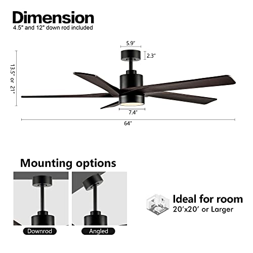 Image of WINGBO 64 Inch DC Ceiling Fan with Lights and Remote Control, 5 Reversible Carved Wood Blades, 6-Speed Noiseless DC Motor, Modern Ceiling Fan in Matte Black Finish with Walnut Blades, ETL Listed