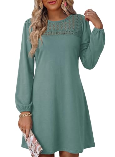 Dokotoo Spring Dresses for Women 2026 Fashion Casual Crewneck Long Sleeve Western Boho Flowy Swing Empire Waist A Line Dresses Ladies Elegant Mini Dress Sage Green Dress L