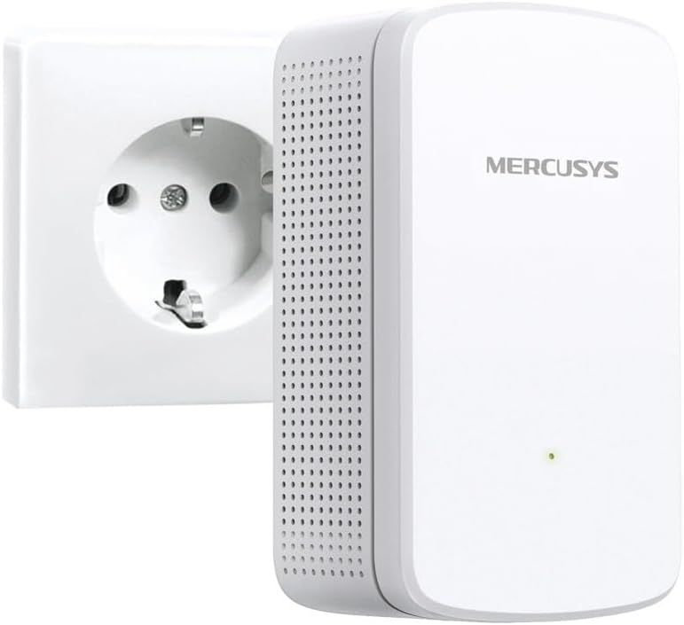 MERCUSYS ME10 N300 Wi-Fi Range Extender plugged into an outlet