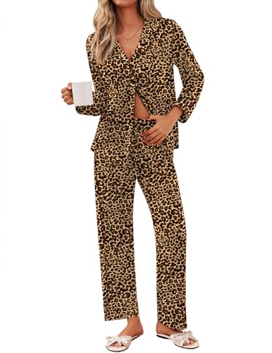 Cheetah Print Pajamas Sets For Women 2 Piece Fall Pj Button Down Sleepwear