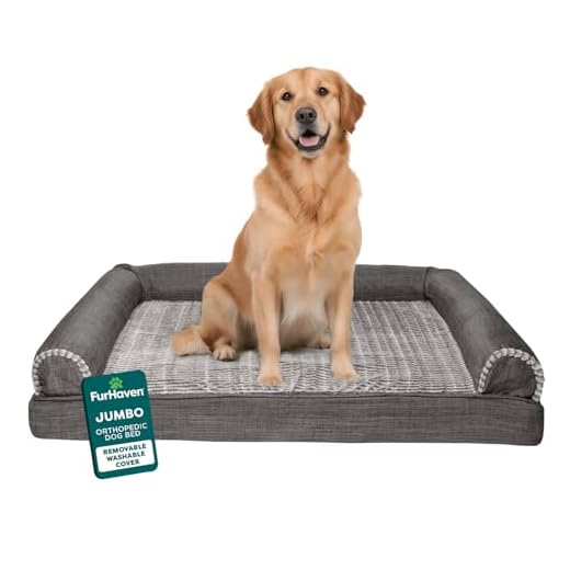 Furhaven XL Orthopedic Dog Bed Luxe Faux Fur & Performance Linen Sofa-Style w/ Removable Washable Cover - Charcoal, Jumbo (X-Large)