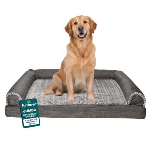 Furhaven Orthopedic Dog Bed for Large Dogs w/ Removable Bolsters & Washable Cover, For Dogs Up to 95 lbs - Luxe Faux Fur & Performance Linen Sofa - Charcoal, Jumbo/XL by Furhaven - Used condition - US$69.80