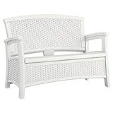 Suncast Elements Stylish Lightweight Loveseat Outdoor Seating with Convenient Built In Universal Storage, and All Weather Plastic, White