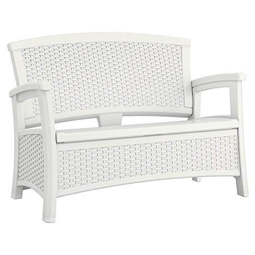 Suncast Elements Stylish Lightweight Loveseat Outdoor Seating with Convenient Built In Universal Storage, and All Weather Plastic, White