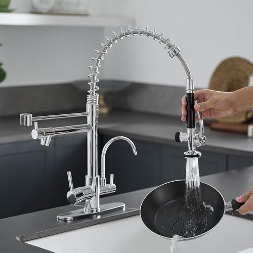 Image of Fapully 3 in 1 Kitchen Faucet with and Pull Down Sprayer, Chrome | Water Filler Faucet, Commercial Kitchen Sink Faucet with Drinking Water Faucet for 1 or 3 Holes Sink