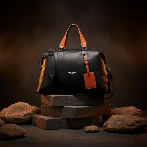Image of POLICE Warner Vegan Leather 30 LTR. Weekender Duffle Bag for Travel for Men and Women (Unisex) - Black /Tan