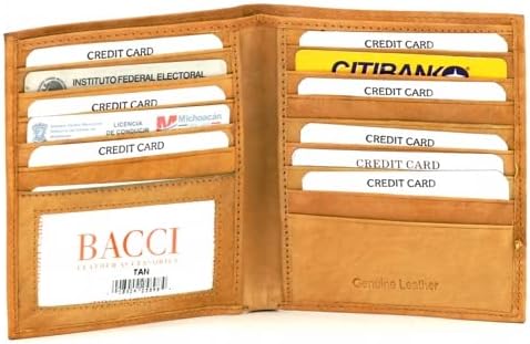Bacci RFID blocking Wallet for Men - Genuine Leather Bifold Wallet with 2 Coin, 2 Cash Compartments, 13 Cards, 2 Inner Slots & 1 ID Window - Timeless Hipster Bifold wallet (Tan)