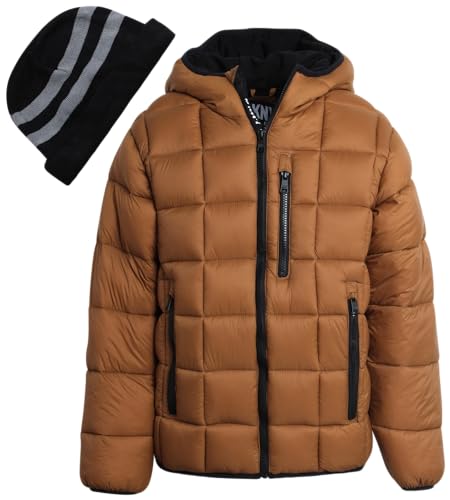 DKNY Boys' Jacket – Lightweight Checker Quilted Packable Puffer Coat with Beanie Winter Hat (8-20) - Main Image