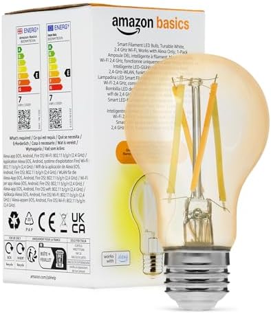 Amazon Basics Bombilla LED de Filamento Inteligente A60, Luz Blan...