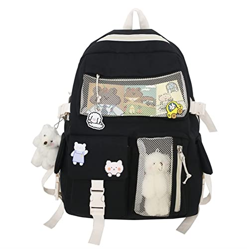Bonseor Kawaii Backpack with Cute Pin Accessories Plush Pendant, Kawaii School Backpack Cute Aesthetic Backpack Cute Kawaii Backpack, Backpack for School Aesthetic (A-Black) Cover