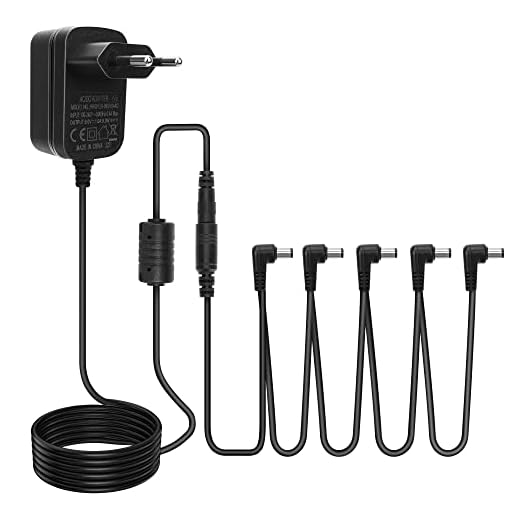 iLitLuk Fuente de Alimentación para Pedal de Guitarra 9V 1A, Centro Negativo Manguito Positivo, Adaptador Corriente con Cables en Cadena de 5 Vías para Pedal de Efectos, Looper