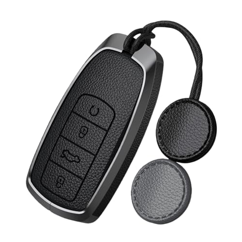 Rondrive Key Fob Cover Compatible with Chery Tiggo 9 2021-2025 Tiggo 8 Tiggo 7 Omoda 5 Jaecoo 7 Arrizo 5, Snap-fit Metal Key Shell Leather Car Key Case, Black