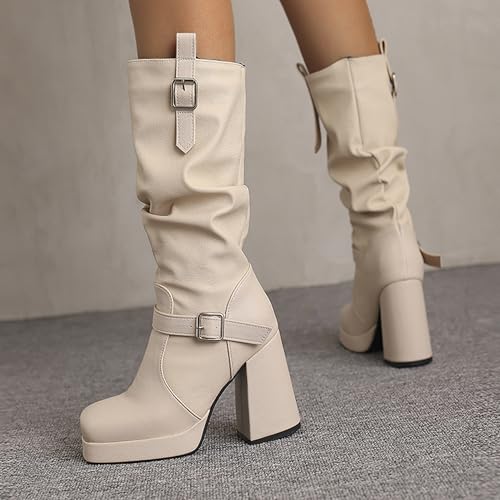 Bottes mi-mollet slouch anti-fatigue à talon bloc large et plateforme