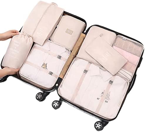 8 pcs Packing Cubes Set, Travel Luggage Organizer Storage Bags Suitcase Packing Cases Including Updated Toiletry Bag, Laundry Bag & Shoes Bag (Beige)
