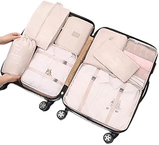 8 pcs Packing Cubes Set, Travel Luggage Organizer Storage Bags Suitcase Packing Cases Including Updated Toiletry Bag, Laundry Bag & Shoes Bag (Beige)