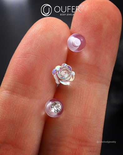 OUFER 3PCS Plastic Tongue Rings, Clear Tongue Piercing Retainers for Surgery, Cute Flower Tongue Jewelry, 14G Clear CZ Nipple Piercing Jewelry-16MM4