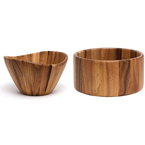 Lipper International Acacia Wave Serving Bowl, Large, 12" Diameter X 7" Height & International Acacia Straight-Side Serving Bowl For Fruits Or Salads, Large, 10" Diameter X 5" Height, Single Bowl #TOP9