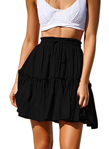 Arjungo Women s Floral Print High Waist with Drawstring Ruffle Flared Boho A Line Skater Mini Skirt Black