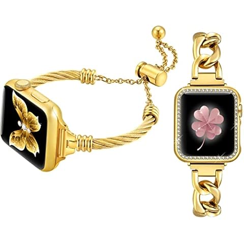 Dilando Gold Compatible for Apple Watch Band Gold 38mm/40mm/41mm Women Bracelet Series 8/7, Slim Dressy Fancy Jewelry Metal Strap Stainless Steel Shiny Bangle for iWatch Series 8/7/SE/6/5/4/3/2/1,Gold Cover