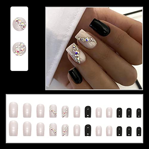White And Black French Tip Press On Nails Medium,Solid Color Fake Nails Square Full Cover False Nails White Line Diamond Glue On Nails Tips Acrylic Nail Kit For Women And Girls #TOP1