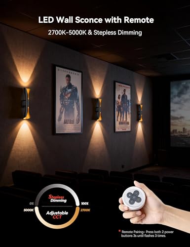 Image of Tubicen Battery Wall Sconce Set of Two with Remote Art Deco Cordless Sconce | 3-Color Dimmable Movie Theater Lights 9000mAh Rechargeable Up Down Accent Wall Light for Living Room Bedroom Black and Gold