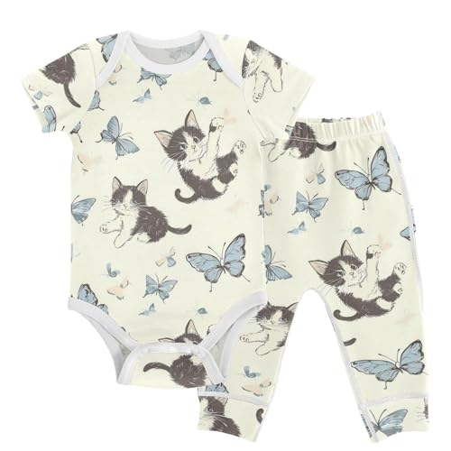 vvfelixl Baby Layette Sets Clothes,Kitten Butterfly Baby Bodysuits Set,Unisex Babys Pants Sets Short Sleeve 12-18M