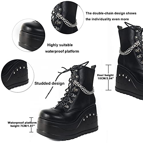 CYNLLIO Women's Punk Platform Boots Block Heel Combat Boots Gothic Mid Calf Boots Studde Lace up Chain Motorcyle Boots
