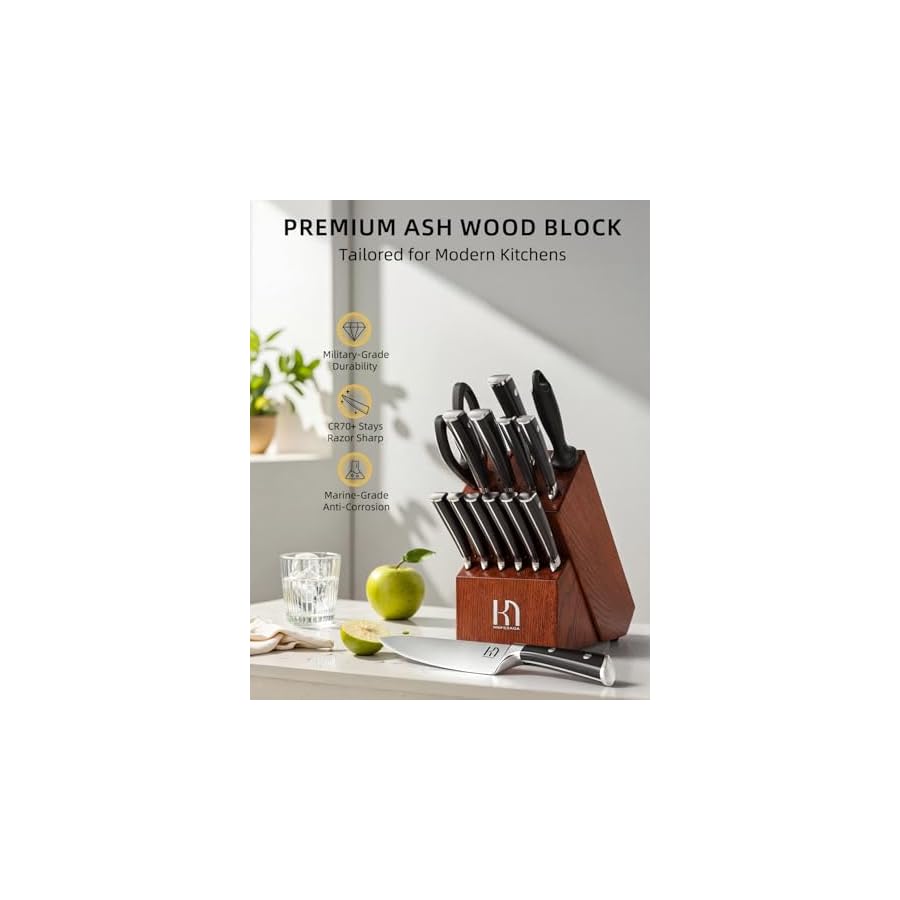 Knife Set, 15 Pcs Kitchen Knife Block Set, Enduring Razor-Sharp High Carbon Stainless Steel Chef Knife Set with Block and Sharpener, Premium Knives Set for Kitchen, Ash Wood Valentine's Gift