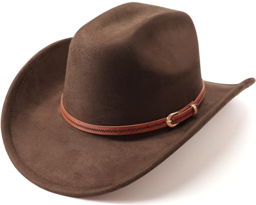 Image of DRESHOW Cowboy Hat for Women and Men Wide Brim Western Cowboy Cowgirl Hat with Belt Buckle Unisex Rolled up Caps