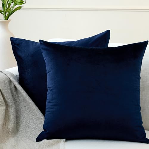 Image of Encasa XO Velvet Throw Pillow Covers 16x16 in (40x40 cm) - Navy Blue - No Inserts, Pack of 2 Cases | Solid Plain Dyed Soft & Smooth, Square Decorative Cushion Covers for Living & Bedroom