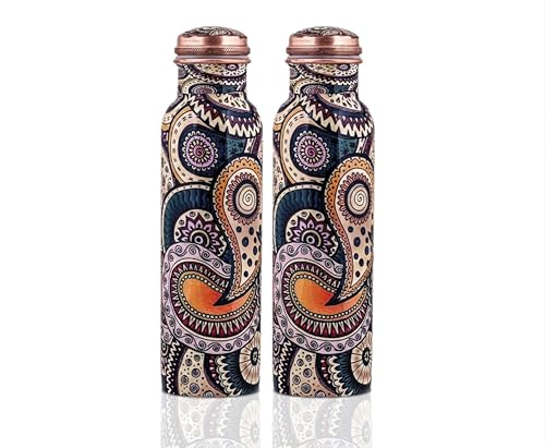 Image of Craft Trade 100% Pure Copper Water Bottle (Pack of 2) - 32 oz (950ml) Each | Paisley Print Ethnic Design | Leakproof Ayurvedic Copper Vessel Set for Health, Yoga & Gift