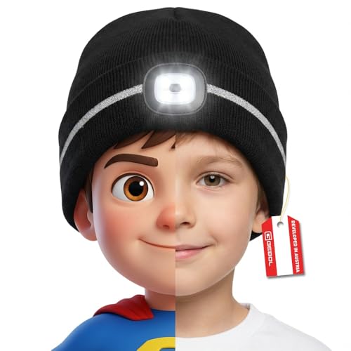 Gebol Haube LED Kinder 1 Stück Beanie mit Licht & Reflektionsstreifen für Sicherheit USB wiederaufladbar Wintermütze mit 4 Leuchtmodi Universalgröße Schwarz
