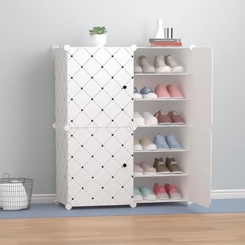 Image of Strassis Design Plastic Shoe Rack for Home | 12 Shelf DIY Shoe Rack with Door Magnets for Home Storage Plastic Box Organizer, Metal Door Frame, Chappal Slipper Sandals Stand (White,4 Door)