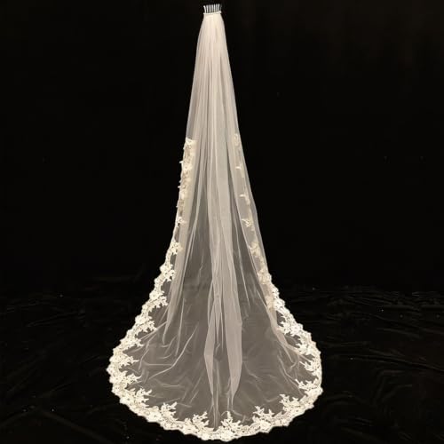 Velo de novia blanco de 230 cm con peineta y cola de encaje largo 7