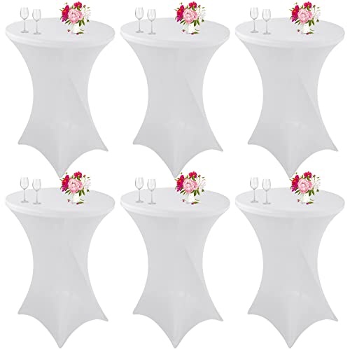 JALANCY 6 Pack Cocktail Spandex Tablecloth 32"x43" White Stretch Square Corners Cocktail Table Cover Fitted High Top Round Table for Bar Wedding Birthday Party Banquet