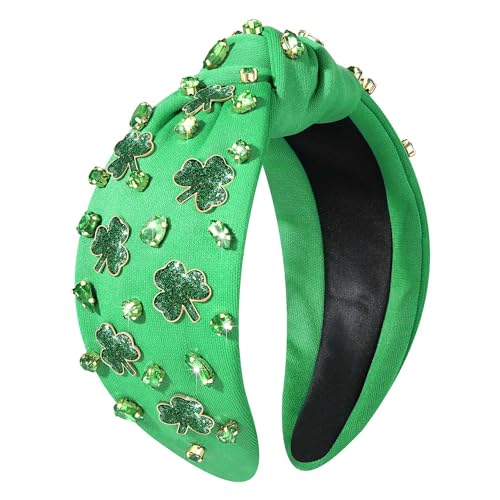 NVENF Women's Green Shamrock Knotted Headband with Rhinestone Crystal Embellishments for St. Patrick's Day, All Occasions & Everyday Wear
