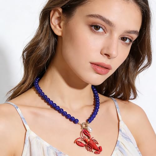 LITRENDY Deep Blue Beaded Red Lobster Pendant Necklace for Women, Boho Summer Beach Jewelry Gift for Everyday Wear Vacation by LITRENDY - Used condition - Image 3