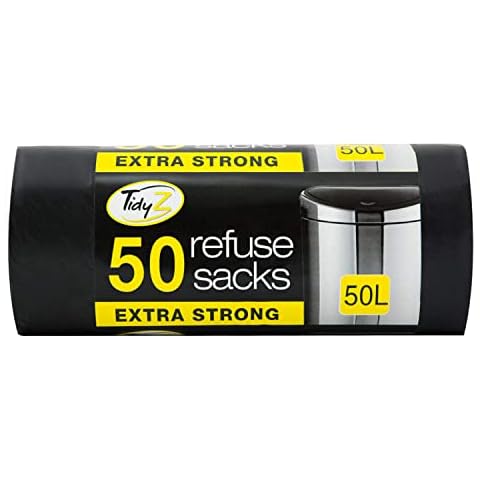 Tidyz Extra Strong 50 Black Refuse Sacks Bin Bags, 50L Cover